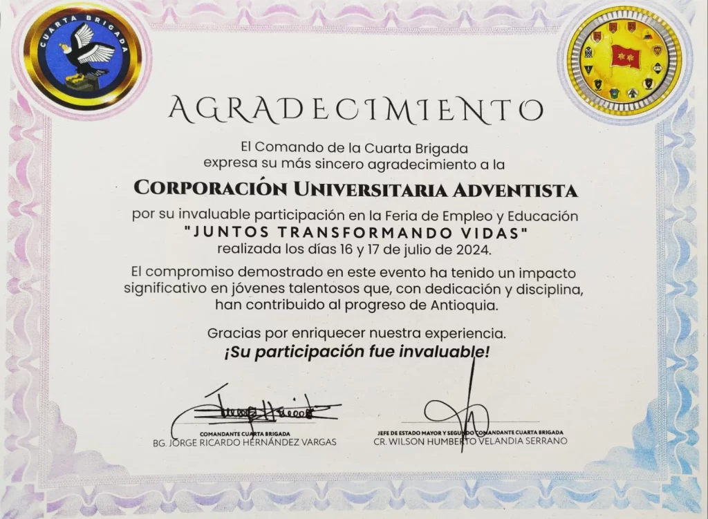 Agradecimiento a la UNAC por participar en el proyecto de sapiencia en pro del ejercito de colombia